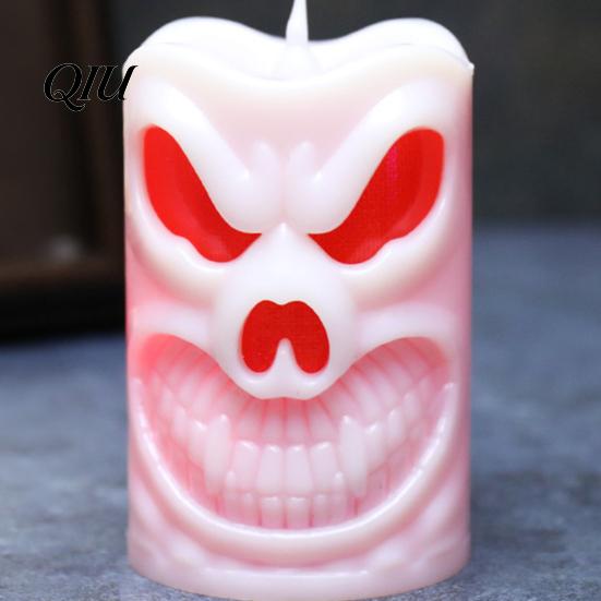 Battery Operated Spooky Candle Flameless Halloween with LED Light, Ghost Face Pumpkin Skull Design 3D Textured Safe Indoor Outdoor
