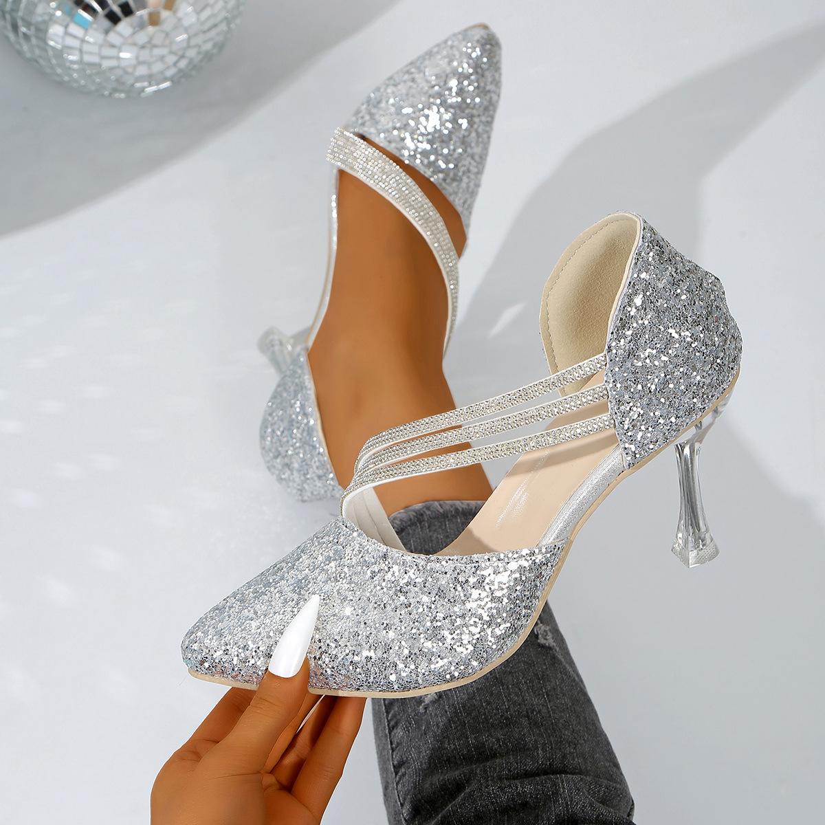 

Women s Crystal Embellished Stiletto Heels - Pointed Toe Open Side Wedding Pumps, Sexy Evening Shoes for Brides & Party 43 срібний