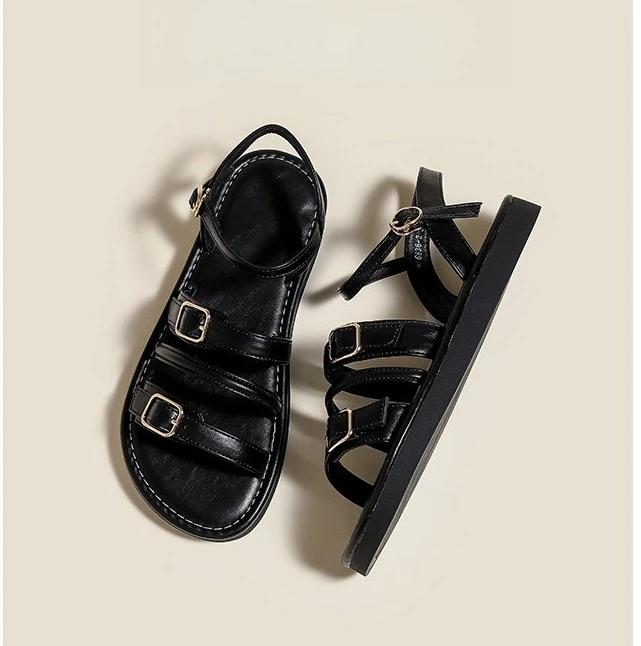 Sandale de damă la modă, cu vârful deschis, cu cataramă și curea, cu vârf plat, pentru zi, pantofi de damă la modă, 2024