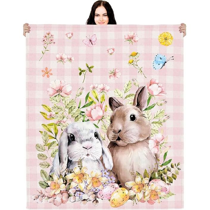 Easter Bunny Happy Blanket 50x60 Inch Rabbit Eggs Love Heart Bows Fleece Throw Decoration Farmhouse Blanket Soft Warm Bed Ornaments for Couch Sofa