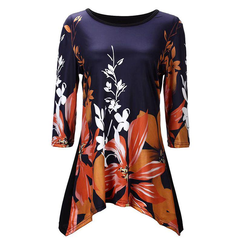 Plus Size Womens Asymmetric Floral Printed Short Sleeve Tunic Blouse For Summer Comfort