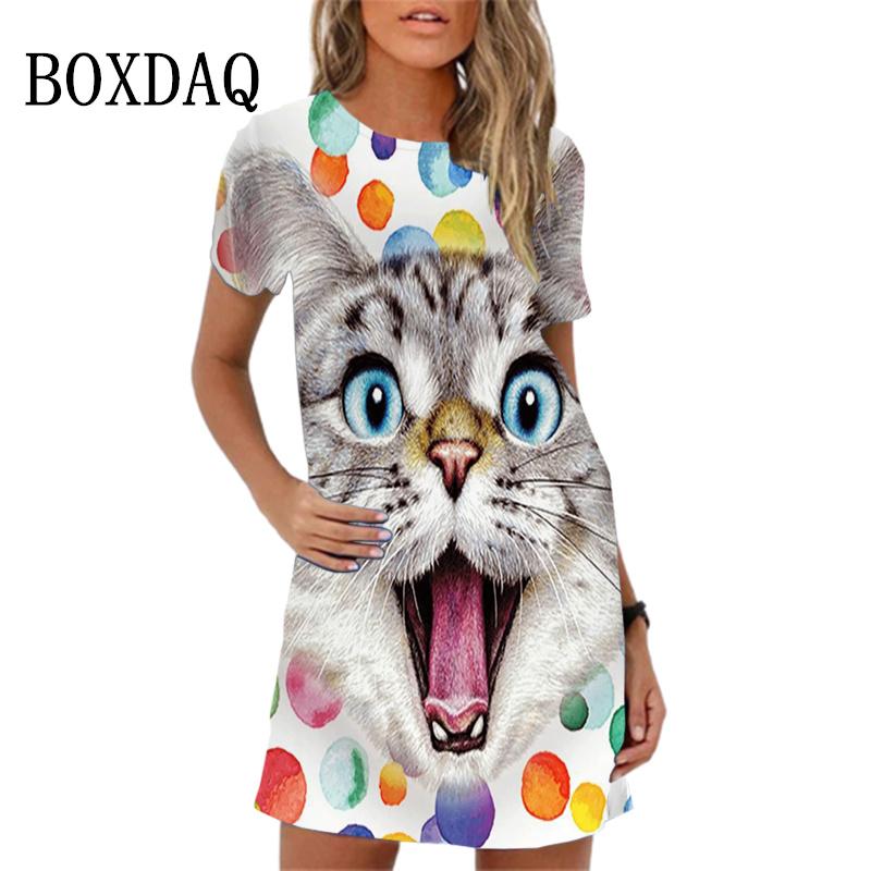 2026 Summer Women's Dress Funny Cat Print O-Neck Short Sleeve Loose Mini Dresses Casual Female Sweet A-Line Sundress Vestidos