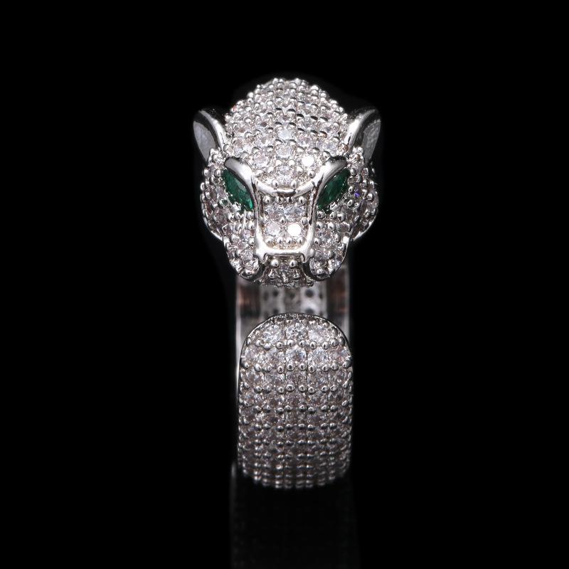 European and American Leopard Head Ring Men's Niche High-end Opening Adjustable Hollow Green Jade Zircon