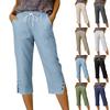 Women's Fashionable Relaxed-Fit Split-Hem Button-Decorated Casual Cotton-Linen Blend Cropped Pants