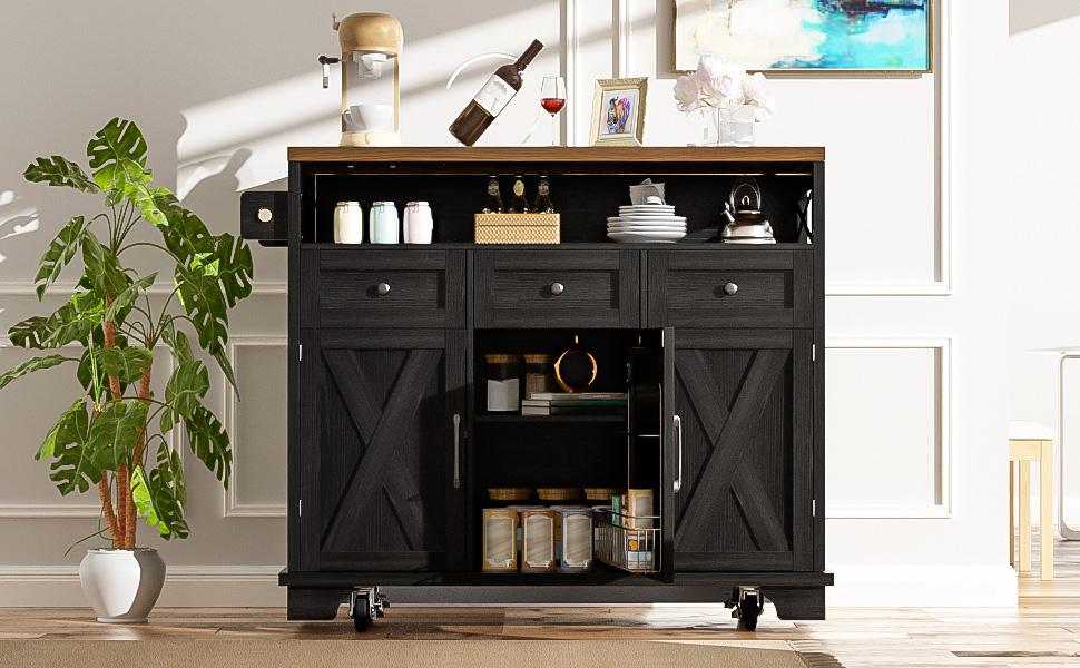 Modern Kitchen Island (118×43-70×98cm) with Wood Grain, Cart with Wheels, Multifunctional Storage, Removable Dividers, Towel Holder, Black