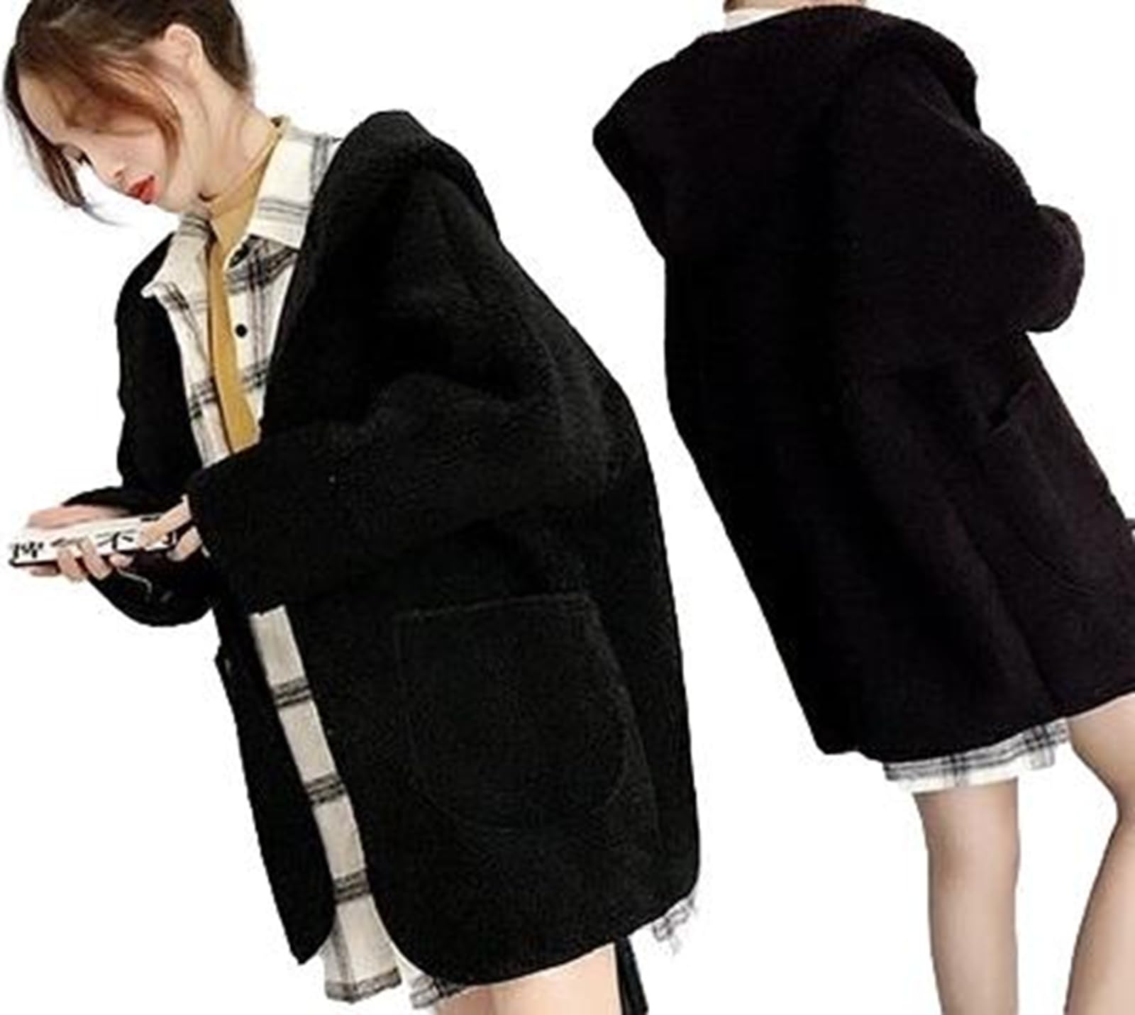 

Coat Blouson Jacket Hooded Boa Silhouette [1/2style] [Nibunnoichi Style] Women s (Black, M) чёрный