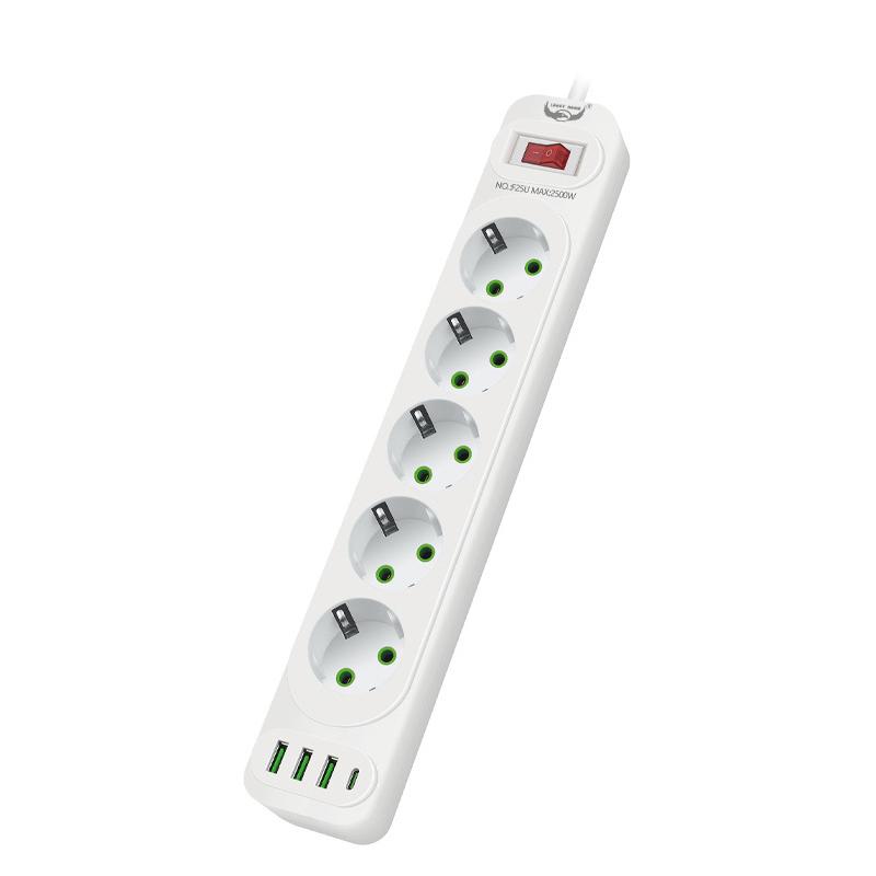 EU Plug Power Strip 5 AC Outlet Multitap Extension with 4 USB Ports 2m Cord Electrical Socket 2500W Fast Charge Surge Protector