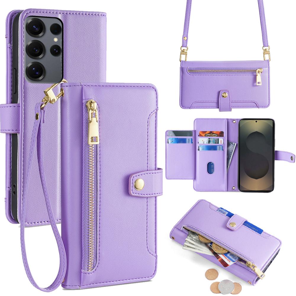 

Кожаный чехол для Samsung Galaxy S25 Ultra, кошелек с карманом на молнии, чехол для телефона с 2 ремешками Purple