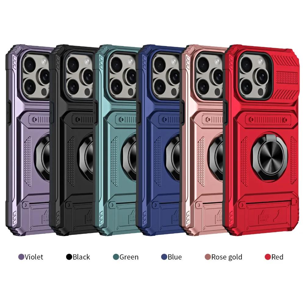 Phone Case For IPhone 13 14 15 16 Pro Max Plus Shockproof Heavy Duty Hard with Card Slot Magnetic Ring Holder Protective Cover