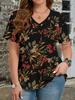 Ethnische Stil Blumen T-Shirts 3D Druck Sommer Damen V-Ausschnitt Kurzarm T-Shirt Y2k Harajuku Tees Lässige Oberteile Damenbekleidung