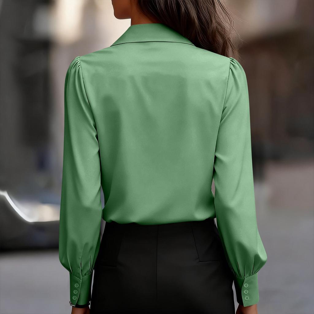 Women's Fashionable Color Lapel Casual Button Long Sleeved Shirt Top