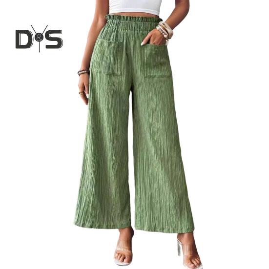 

Женские летние брюки, эластичные, с высокой талией, повседневные брюки с карманами, однотонные, со складками, свободные брюки S зелёный