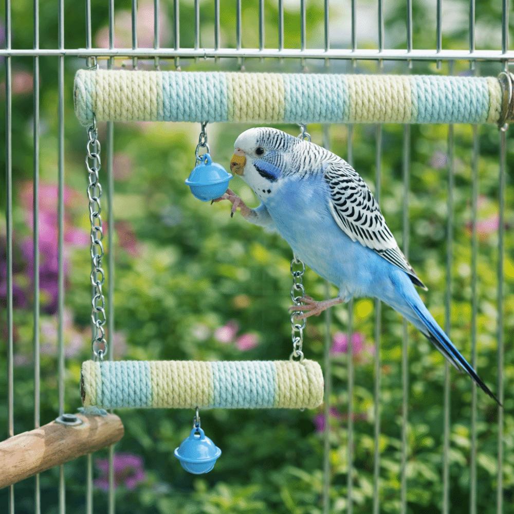 Double Layer Wood Standing Stick Colorful Cotton Rope Bird Cage Swing  Training Perch