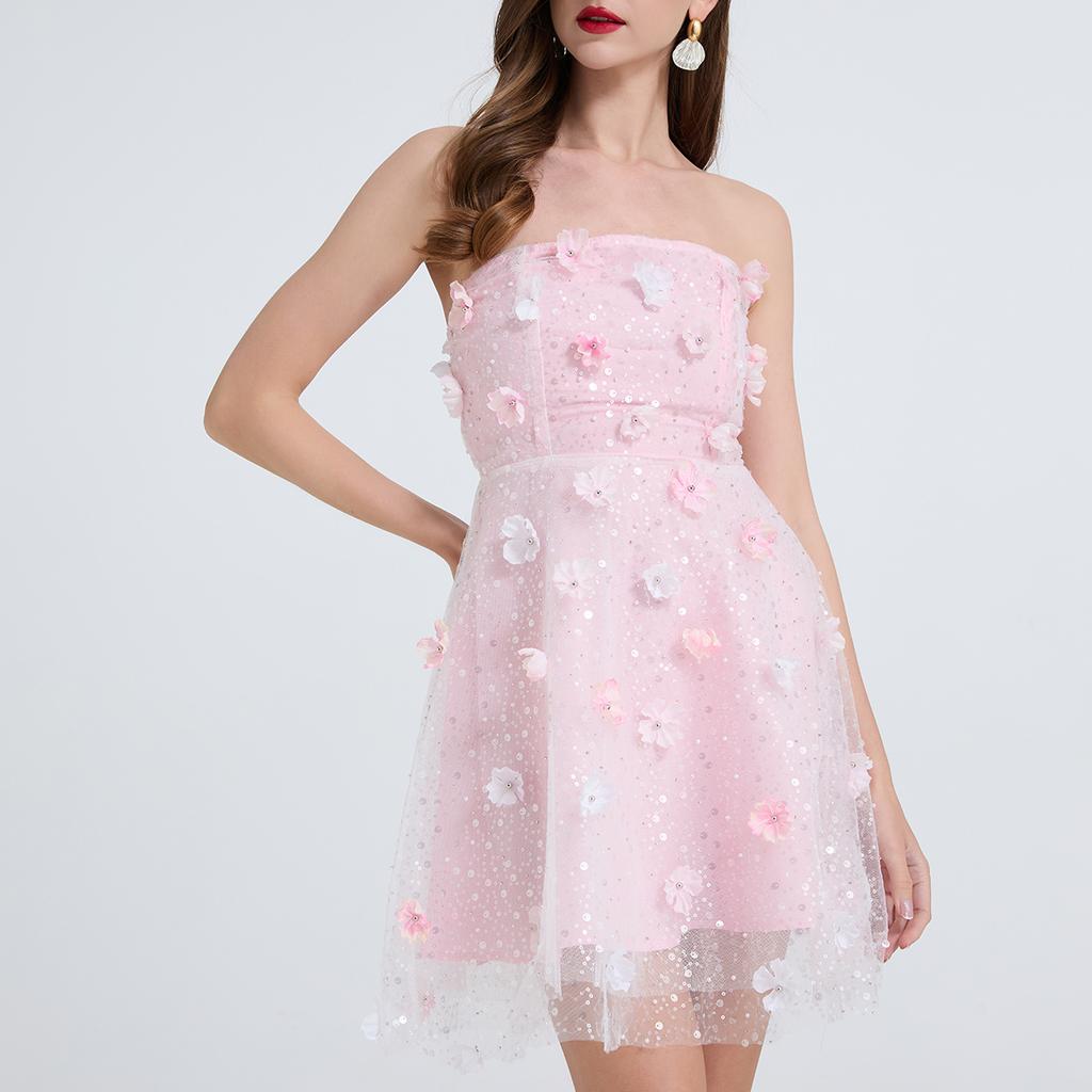 Summer Women Sexy Strapless Open Back 3d Flower Mesh Club Party Mini Short Dresses