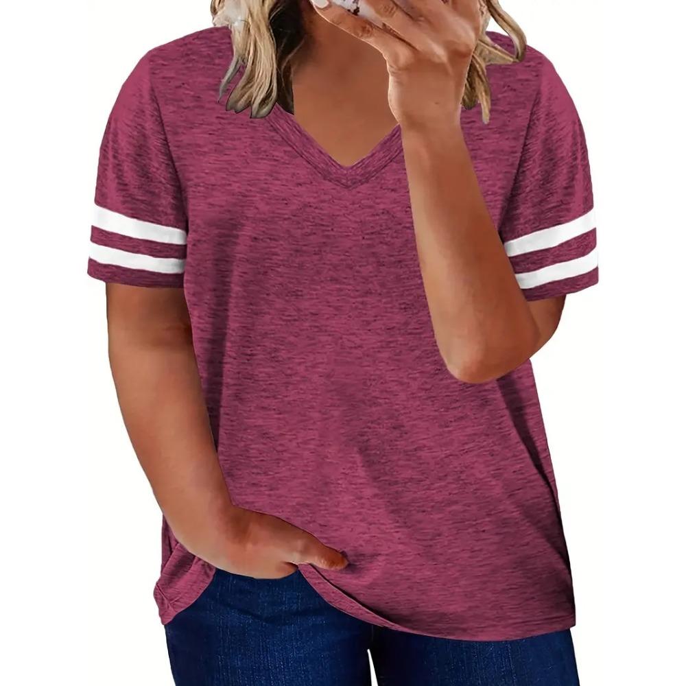 Plus Size Women's Colorblock V Neck T-shirt Summer Short Sleeve Casual Tee Tops