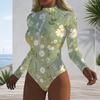 Women Plus Size High Neck Long Sleeve Zipper Floral Print White One Piece Swimsuit