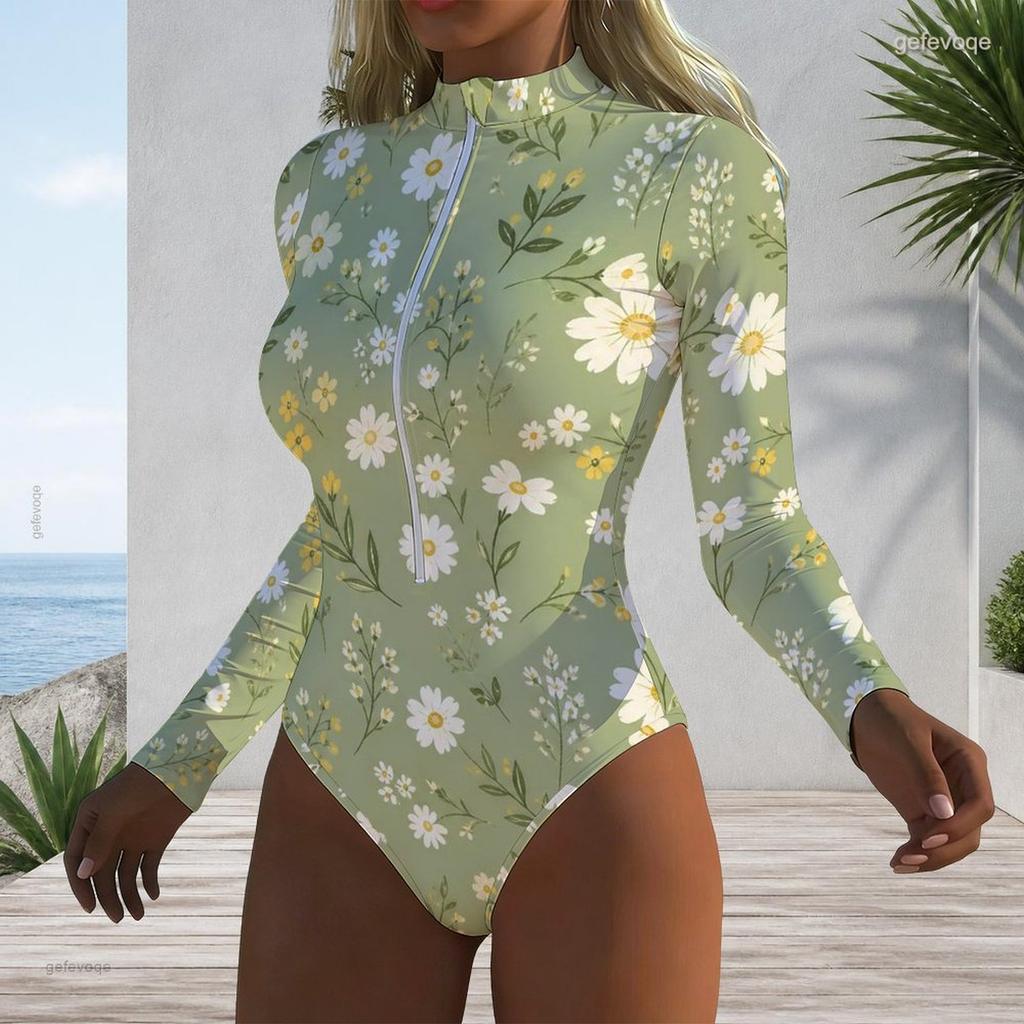 Women Plus Size High Neck Long Sleeve Zipper Floral Print White One Piece Swimsuit