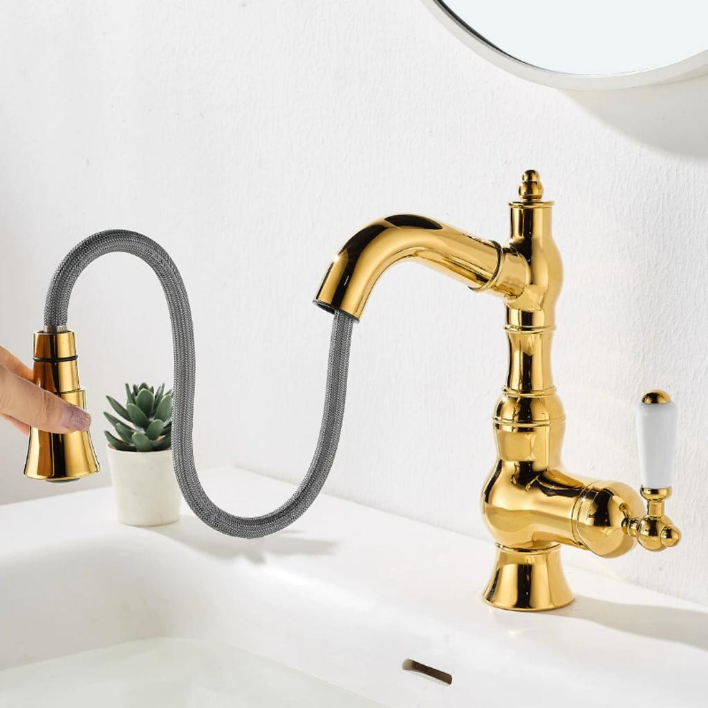 Gold Basin Faucet Antique Brass Pull Out Bathroom Faucet Hot & Cold Black Bathroom Sink Faucet Decked Lavotory Faucet Sink Mixer