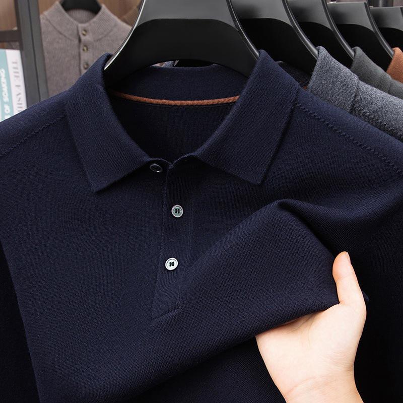 2025 Thickened Winter Men's Lapel Knitwear - Solid Color Business T-Shirt for Middle-aged and Young Men