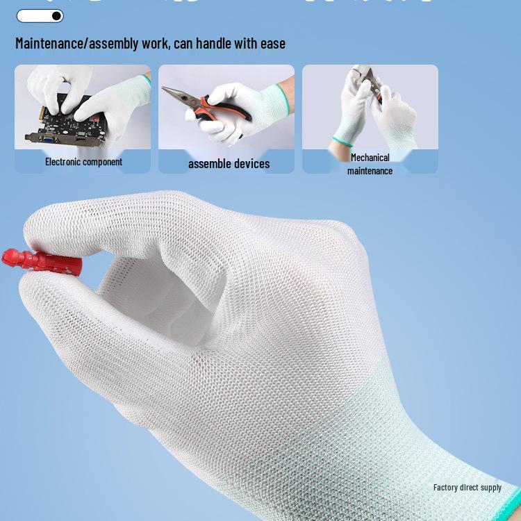 PU Coated White Nylon Gloves with Dipped Fingers - Anti-Static, Dust-Free, Wear-Resistant for Electronics