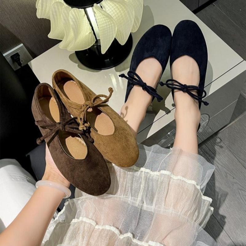 Fashion Casual Flat Shoes Women's Round Toe Shallow Suede Front Lace-up Soft Sole Anti-slip Wear-resistant Low-top Single Shoes