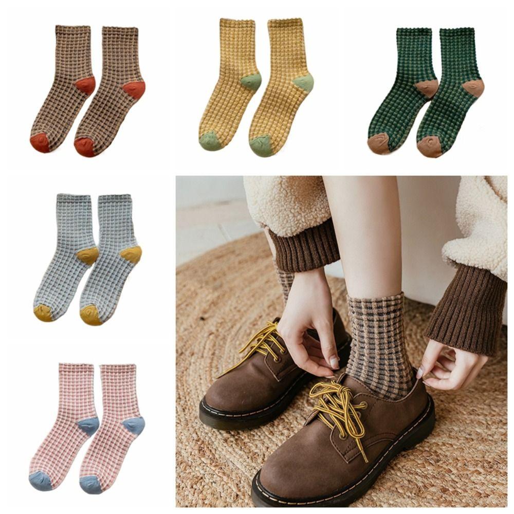 5Pairs Patchwork Checkered Cotton Socks Elastic Grids Socks Cozy Women Tube Sock  Gift