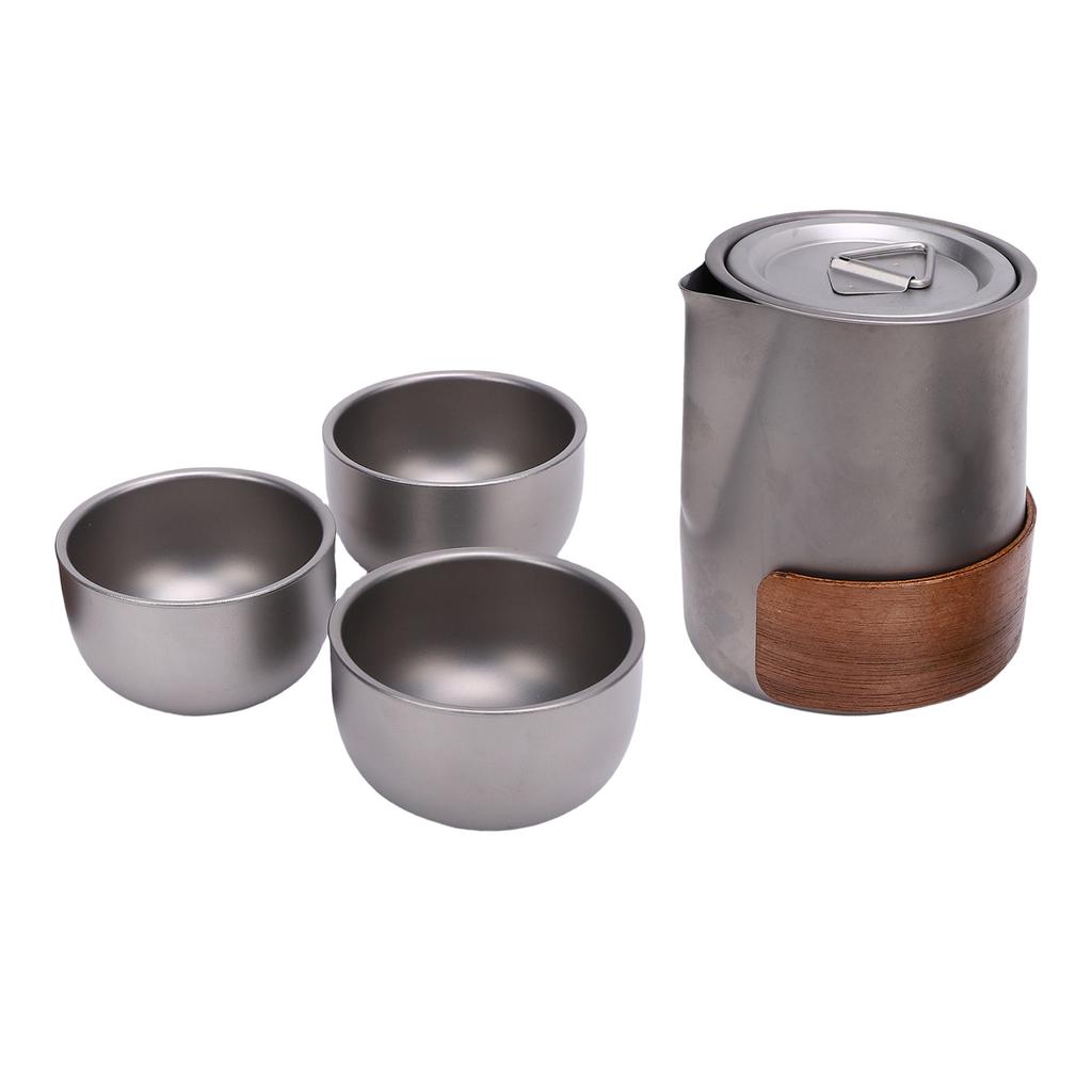 Travel Teapot Set Ti Alloy Portable Small Tea Pot with Removable Infuser 3 Cups and Storage Bag for Outdoor Picnic Camping