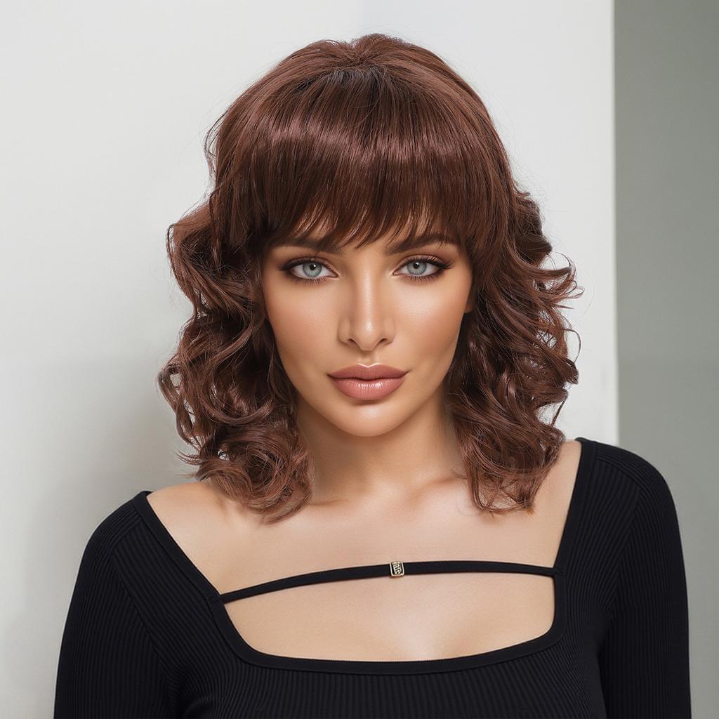 Women Synthetic Brown Wig With Bangs Shoulder Length Wave Fluffy Hair for Daily Use Lolita Halloween Cosplay Heat Resistant Fibre
