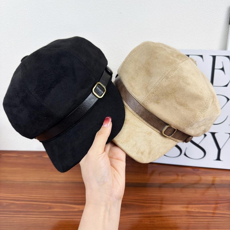 New retro suede octagonal hat children's autumn and winter face small versatile thermal beret metal leather buckle