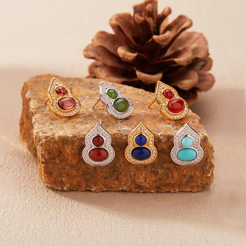 Natural Garnet Turquoise Hetian Jade Lapis Lazuli Nanhong Gourd Pendant Necklace Women'S Set S925 Sterling Silver Colored Treasure
