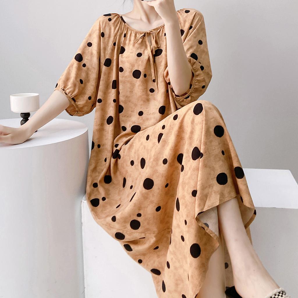 1011 new cotton and silk nightdress women's summer short-sleeved pajamas cartoon pony element long loose cotton silk skirt can be worn outside