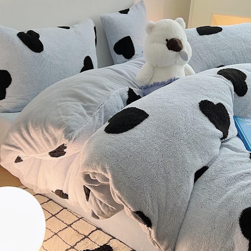 Thickened Milk Fleece Four-Piece Set, Flange Coral Fleece Quilt Cover, Bed Sheet Three-Piece Set