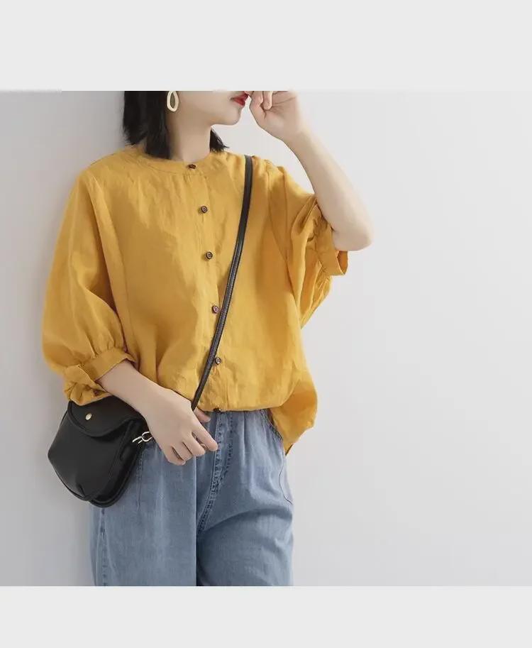 Dámský retro top s lucernovými rukávy z bavlny a lnu, volný střih, středně dlouhý rukáv, jaro/léto 2025