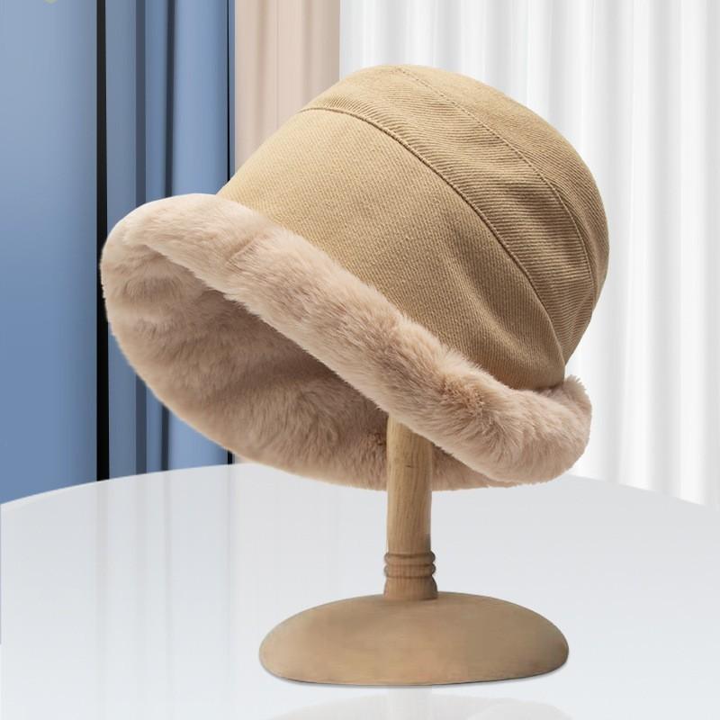 Autumn and Winter Lamb Wool Fisherman Hat for Women Casual and Fashionable Thickened Plush Curling Hat Large Brim Warm Ear Basin Hat for Men