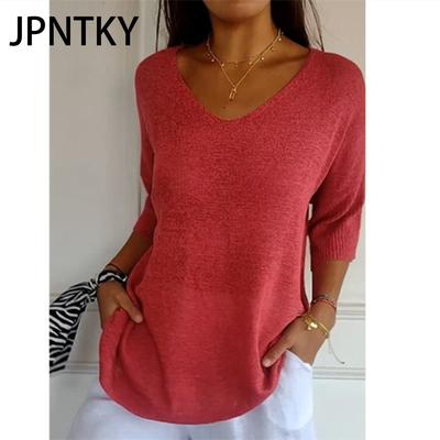 JPNTKY Maglioni da Donna alla Moda Casual a Tinta Unita con Stampa Autunno Inverno Manica Lunga Scollo a V Larghi