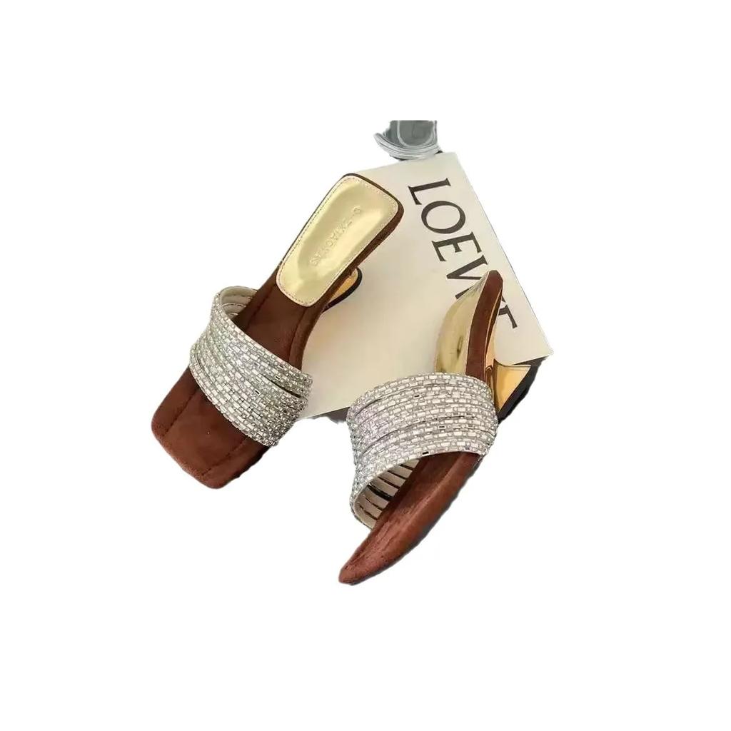 Shoes Woman 2025 Slippers Heels Luxury Slides Pantofle Rubber Flip Flops Square Toe Low Beige Heeled Sandals High Designer New