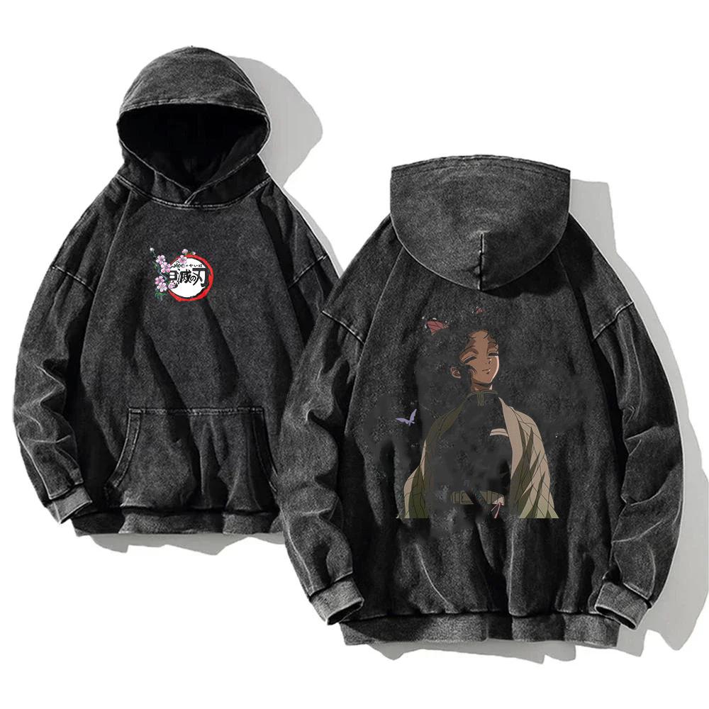 Kochou Shinobu Graphic Hooded Anime Demon Slayer Clothing Men Women Washed Cotton Hoodies Retro Streetwear Harajuku Sweatshirt