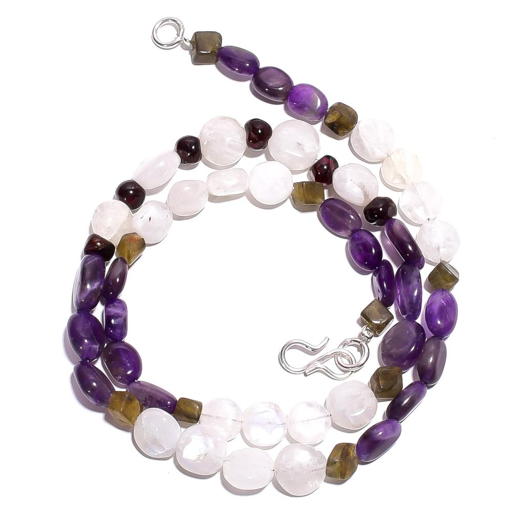 Natural Amethyst Moonstone Labradorite Gemstone Smooth Beads Necklace 17" UB4995 UB-4995