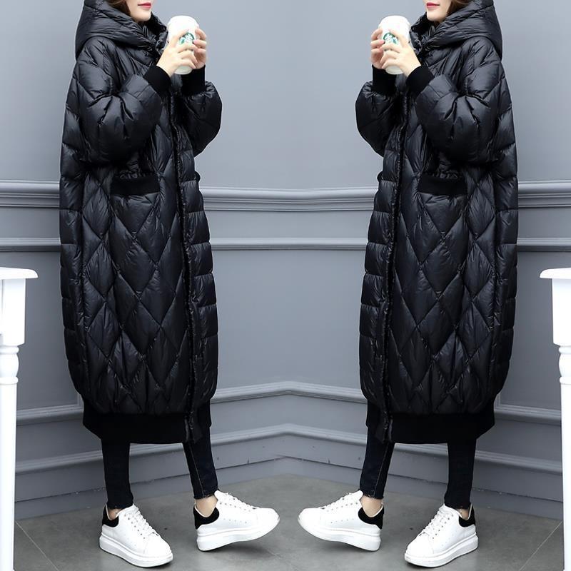 Long glossy down cotton-padded jacket, new large size loose over the knee, black cotton-padded jacket, women's winter clothing