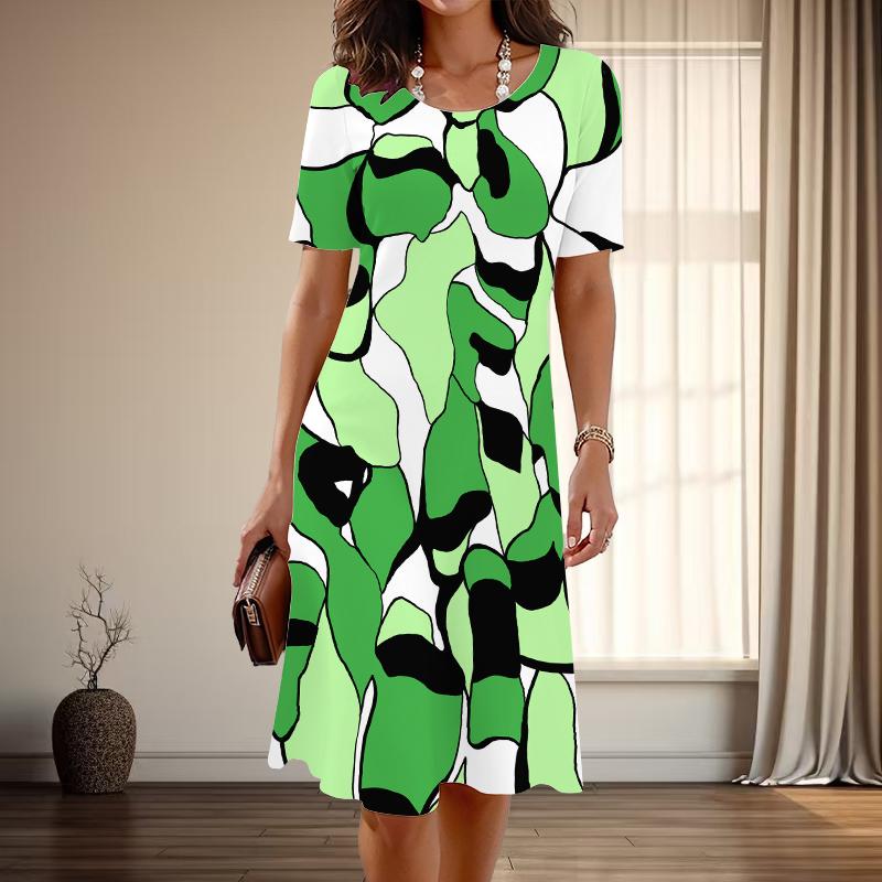 

Женская мода изящный простой принт лето весна короткий рукав О-образный вырез повседневные платья L