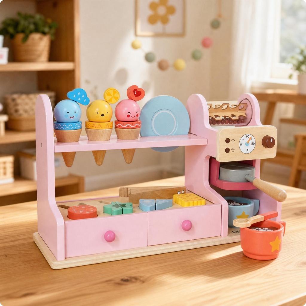 Wooden Pretend Ice Cream Shop Toy Freestanding Play Counter with Display Areas