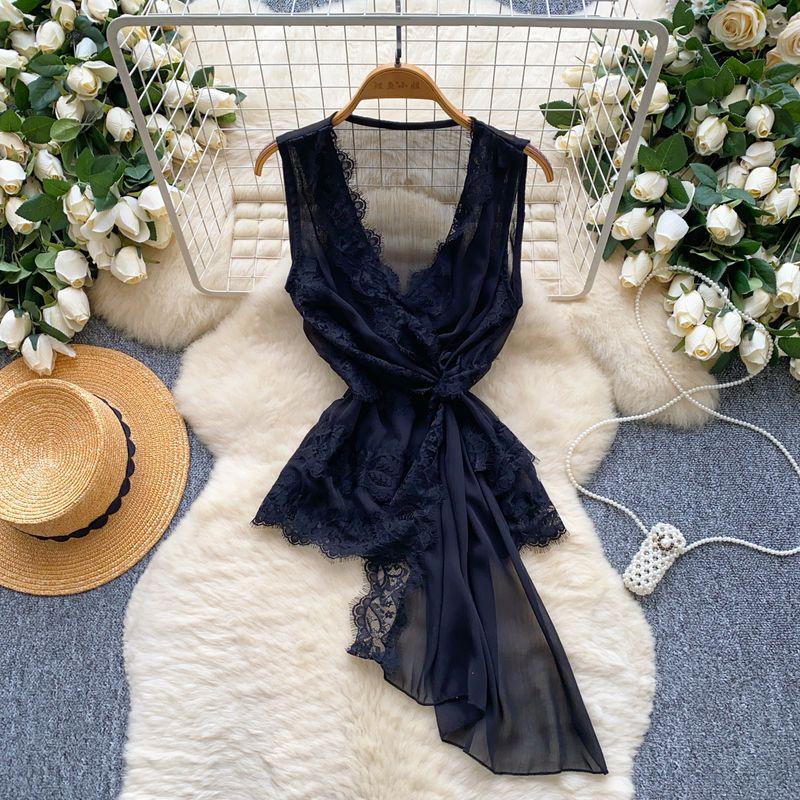 

Light Luxury French style Style Sleeveless Cross Collar Shirt Women Summer Lace Mesh Thin Design Beautiful Chic Top Fashion Black One size