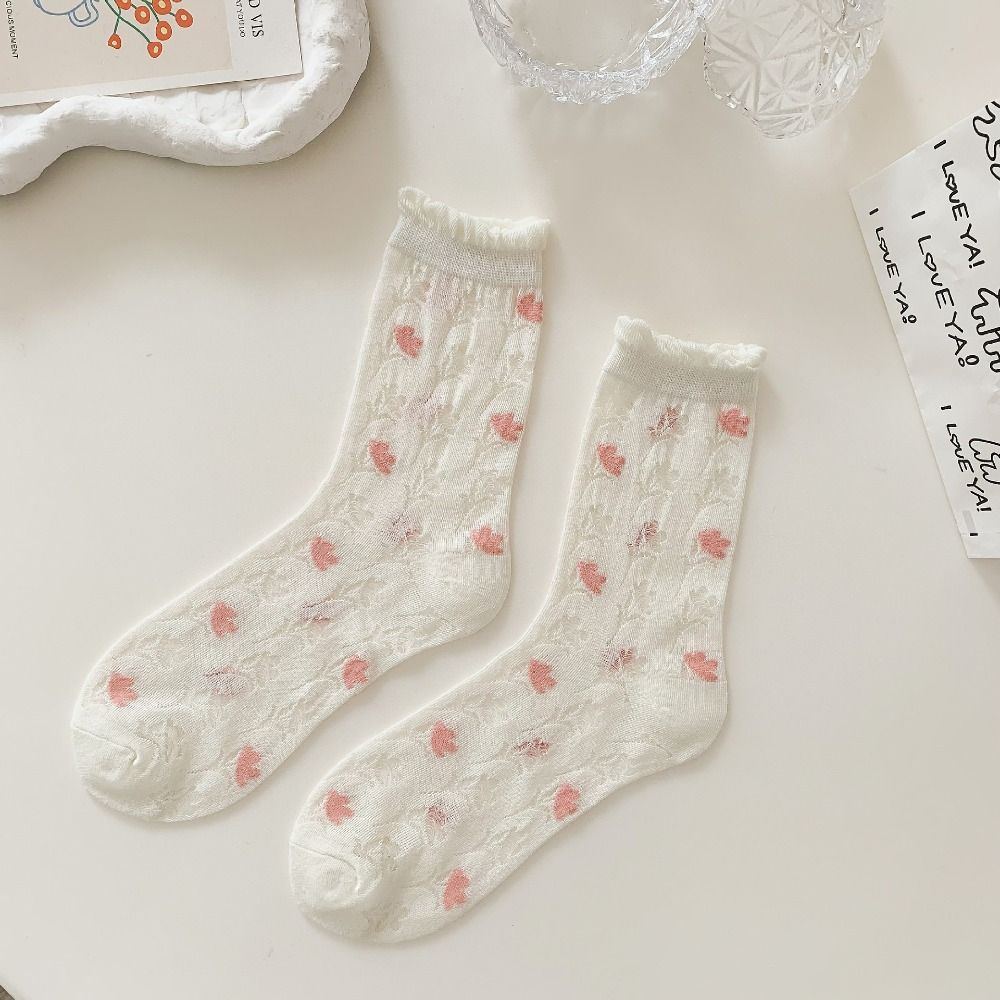 6 Pairs Flower Pattern Mesh Breathable Socks Hollow Mesh Cotton Anti-slip Summer Floral Socks Casual Breathable Middle Socks