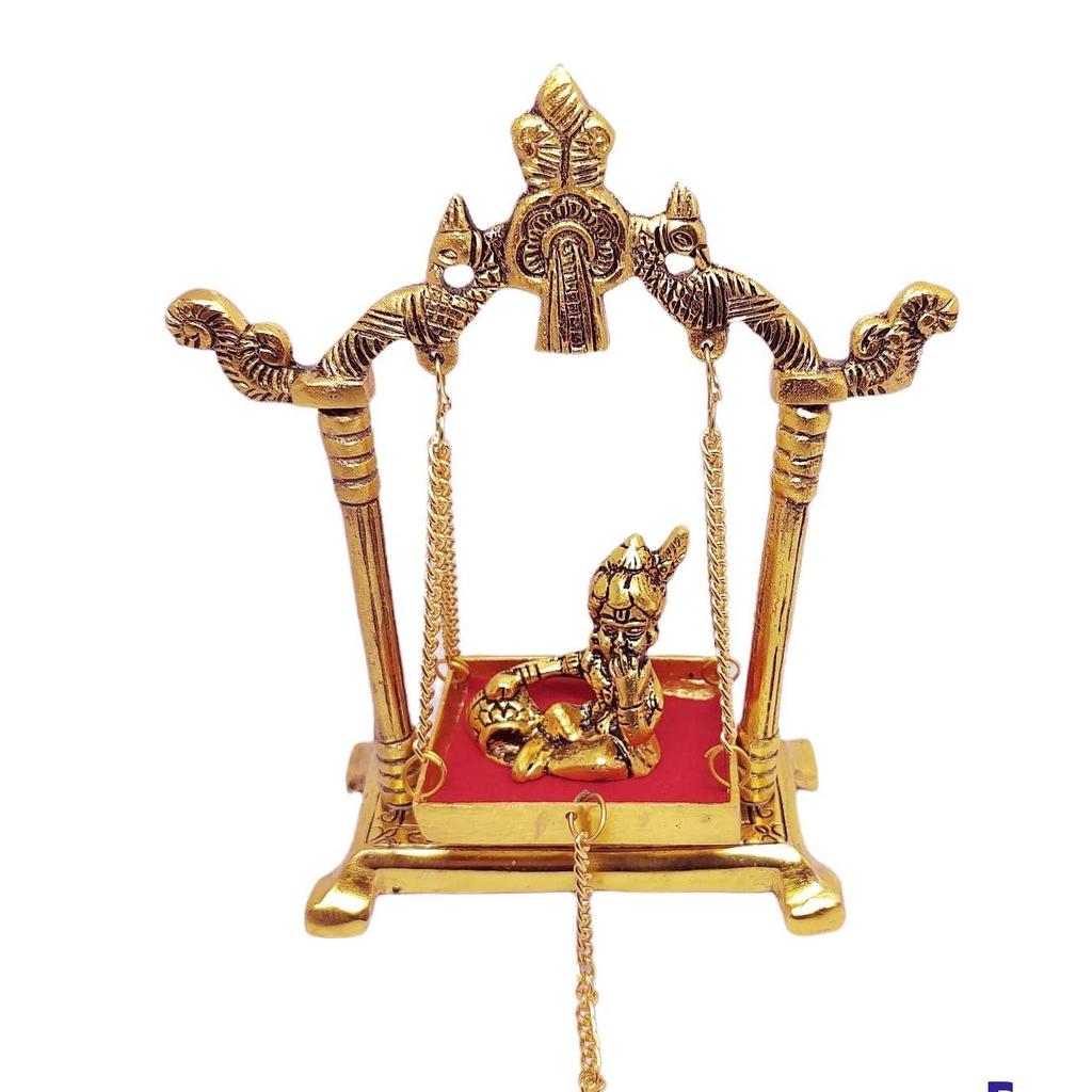 Laddu Gopal On Jhulla Palana Metal Statue Gold Plated Decor Your Home,Office Metal Krishna Murti,Showpiece Figurines,Religious Idol Gift Article.