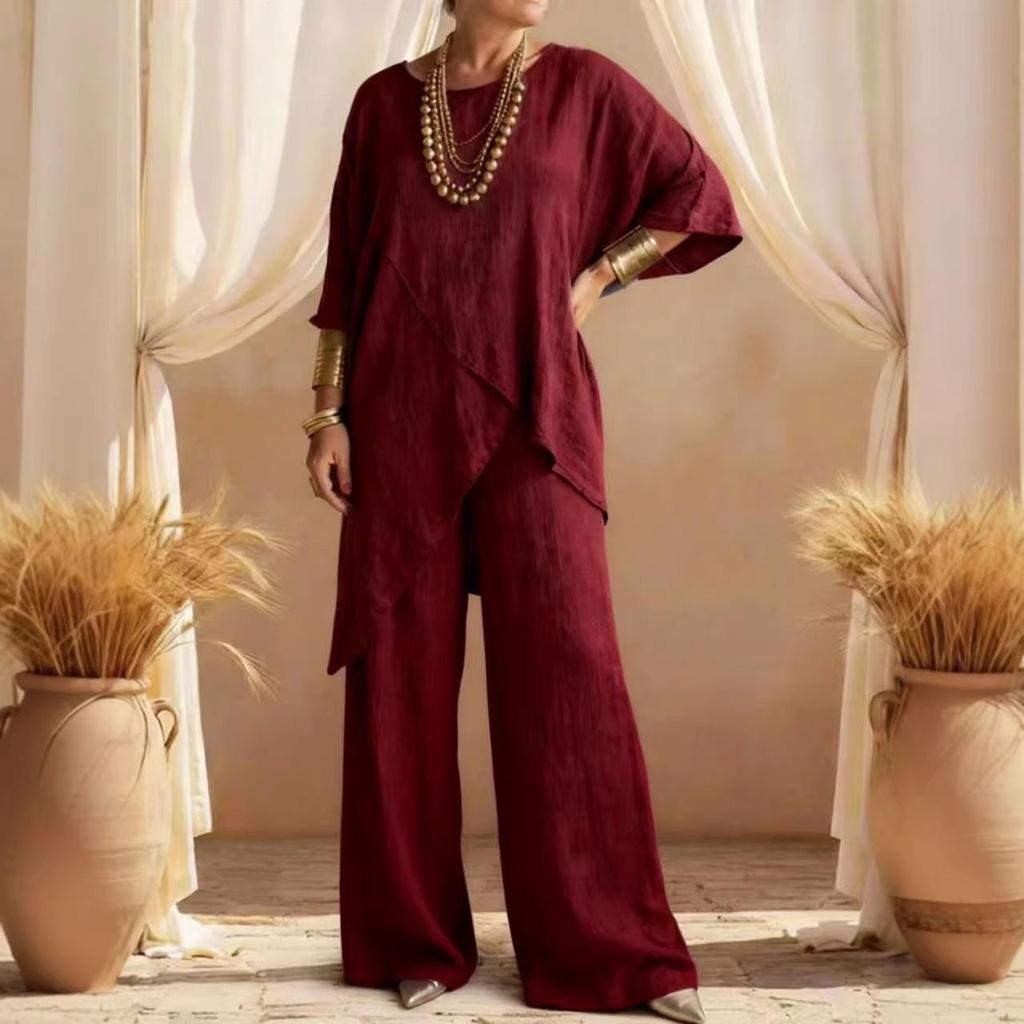 2026 Summer Women's Casual Two-Piece Cotton Linen Set with Round Neck and Irregular Hem