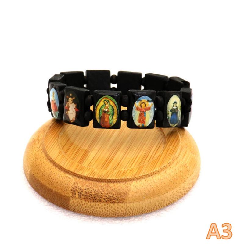 Wooden Rosary Bracelet - Elegant Religious Icon Stickers, Drip Oil Finish, Spiritual Beaded Prayer Jewelry For Devotional Wear