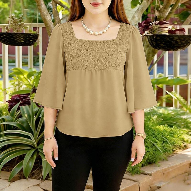 ZANZEA Women Lace Patchwork Square Collar 3/4 Sleeve Elegant Blouse