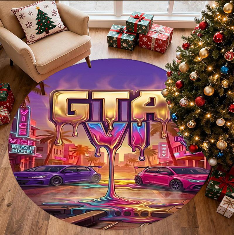 Grand Theft Auto VI Pattern Round Rug, Indoor/Outdoor Mat, for Picnic, Gameroom, Bedroom, Office, Living Room, Home Decor Carpet, Birthday Gift