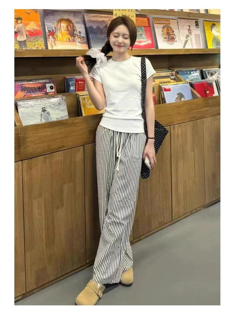 Petite High-Waisted Black & White Striped Wide-Leg Drawstring Pants