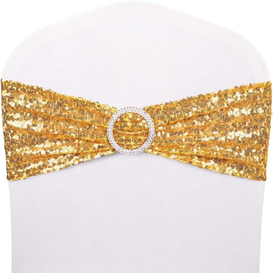 50pcs Chair Sashes Sequin Stretchy Spandex Band with Silver Buckles Decorative Bows One-Sided Sequins Decor for Wedding Party